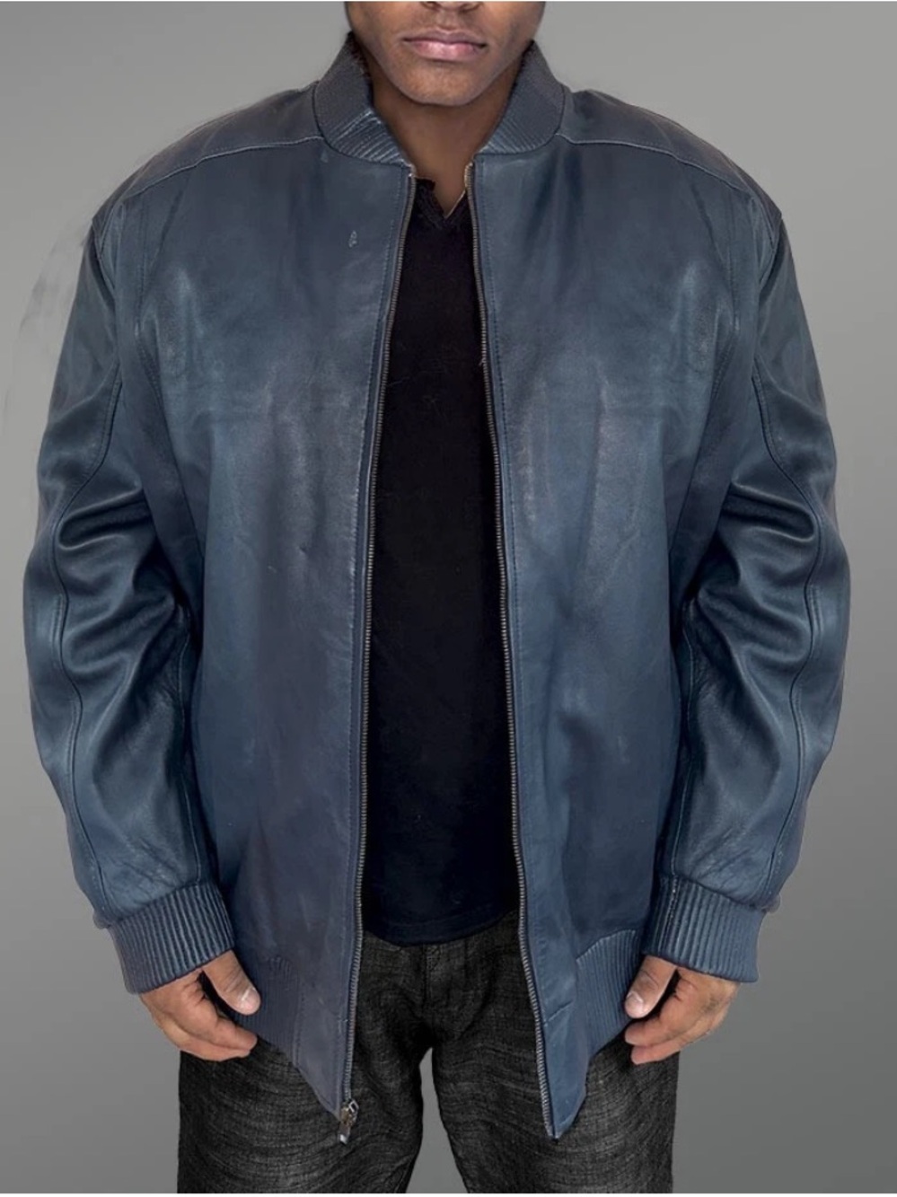 Sanzzini Italian Lamb Leather Bomber Jacket 2XL Blue Quilted Lined Zip Front
